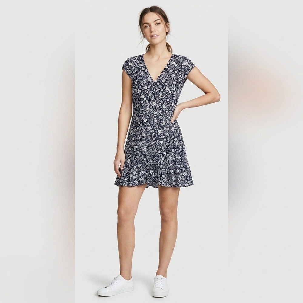 J.Crew Mercantile Floral Mini Dress Women 6 Navy Faux Wrap Ruffle Summer‎ Casual